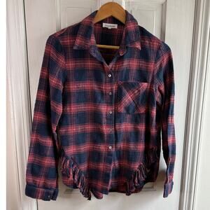 Heartloom Peche Plaid Fringe Button Down Shirt - Red/Navy - X-small - EUC